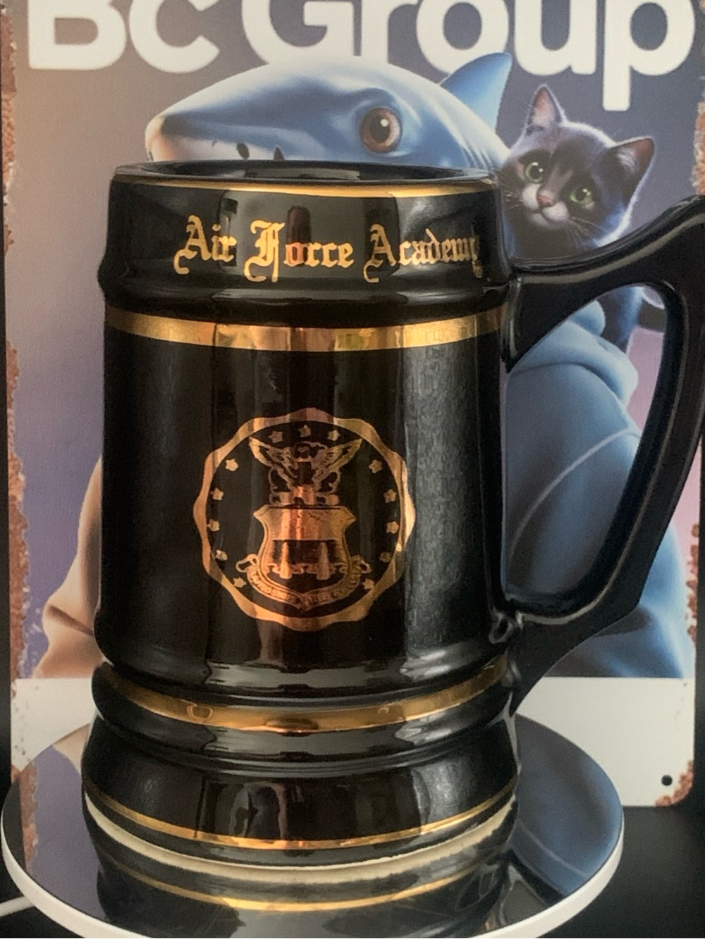 Vintage Air Force Academy Tankard Mug Black Gold Accent D Handle Heavy Bunting